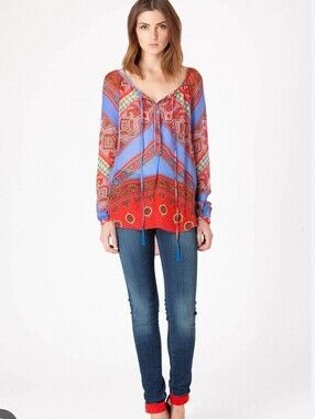 Hale Bob Boho Paisley Tie-Front Peasant Top